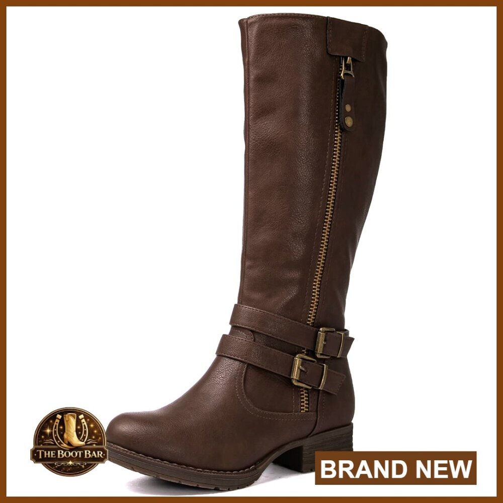 Knee High Riding Boots Low Heel Round Toe Faux Leather Women's Size 11